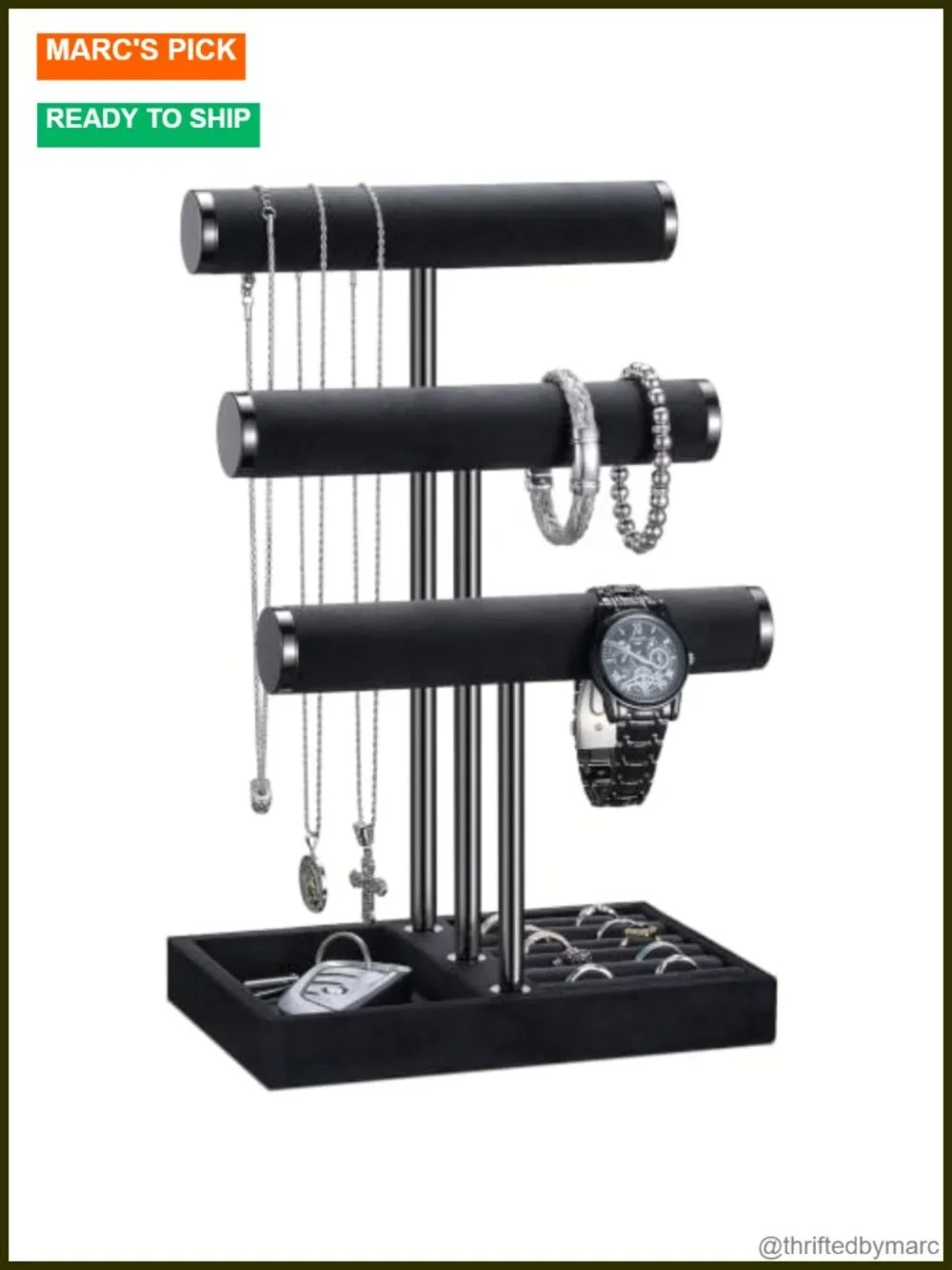 Mens Velvet Jewelry Organizer 3 Tier Watch Display Stand